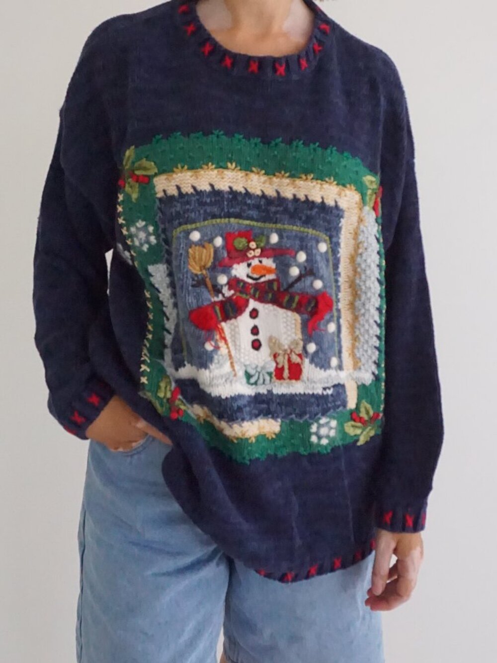 Vintage Tiara Navy Snowman Holly Snowflake Embroidered Christmas Knit Sweater L